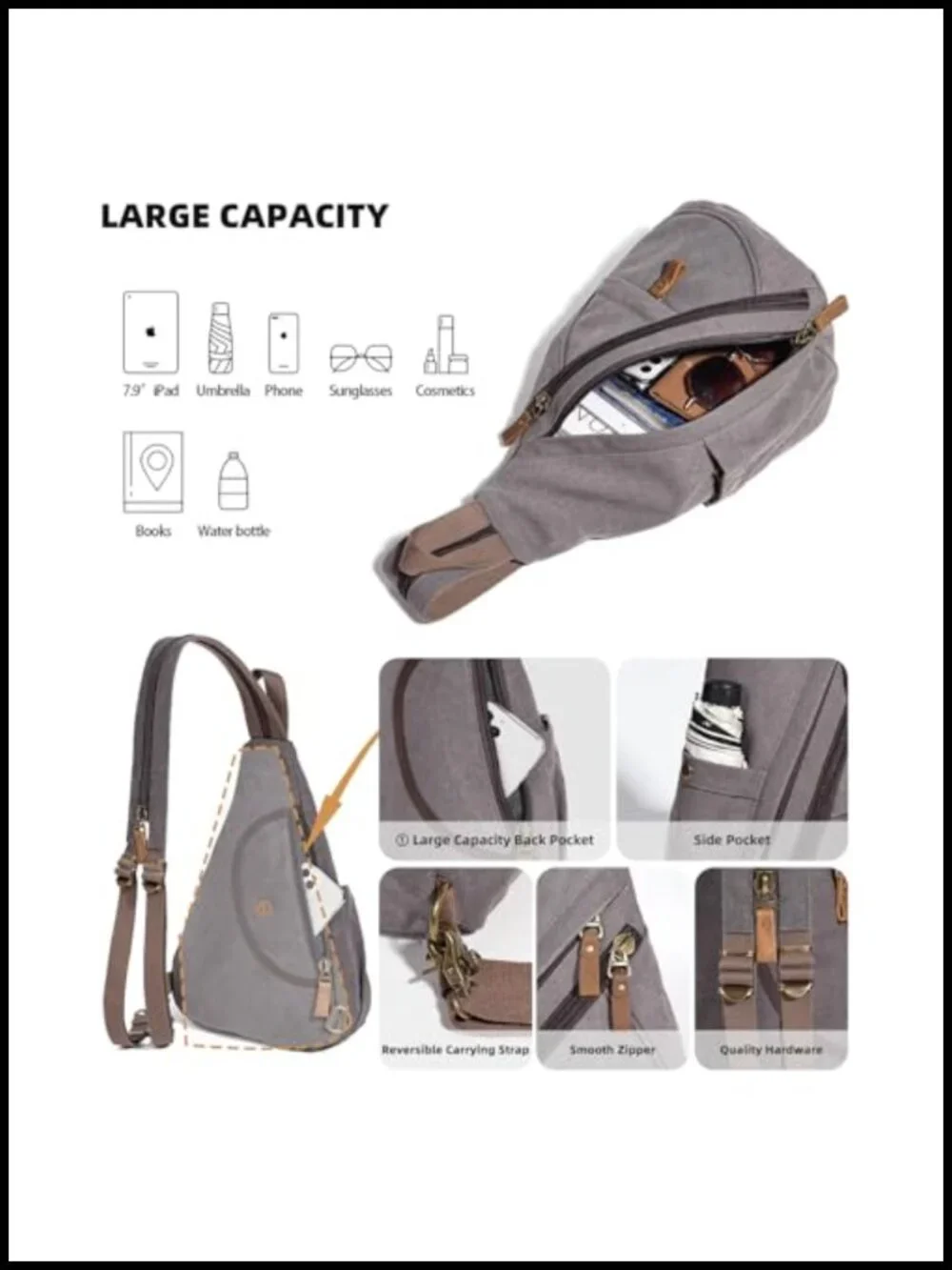 Canvas Sling Bag Crossbody Backpack Shoulder Daypack Rucksack Adjustable